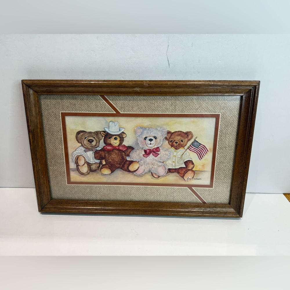 Vintage Patriotic Teddy Bears Framed Art | Americana Nursery Decor